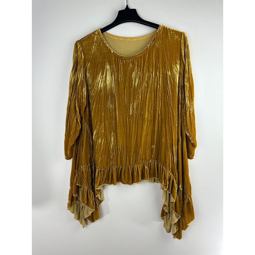 Hearts Desire Butterfly Top Long Velvet Gold Ruffle Asymmetric Tunic Medium - Picture 2 of 13